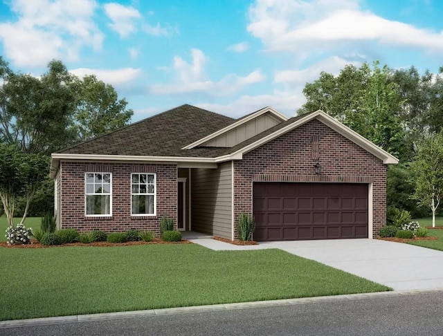 single story home featuring a front yard and a garage