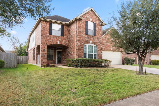 front facade with a front lawn and a garage