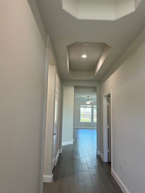 hall featuring dark wood-type flooring and a raised ceiling