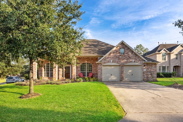 view of front of property with a front yard and a garage