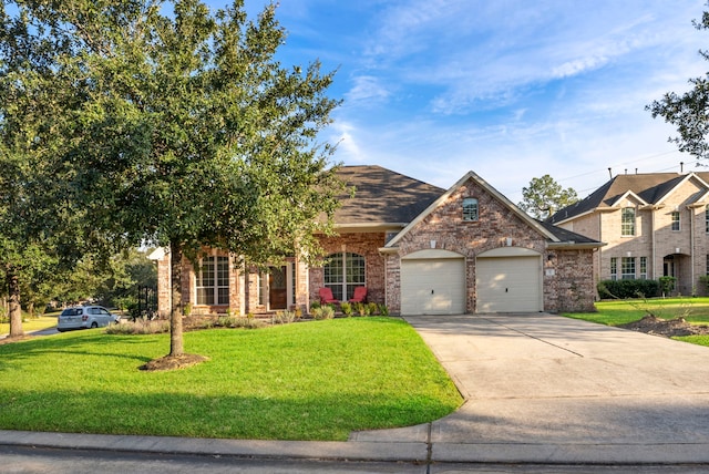 view of front of house with a front yard and a garage