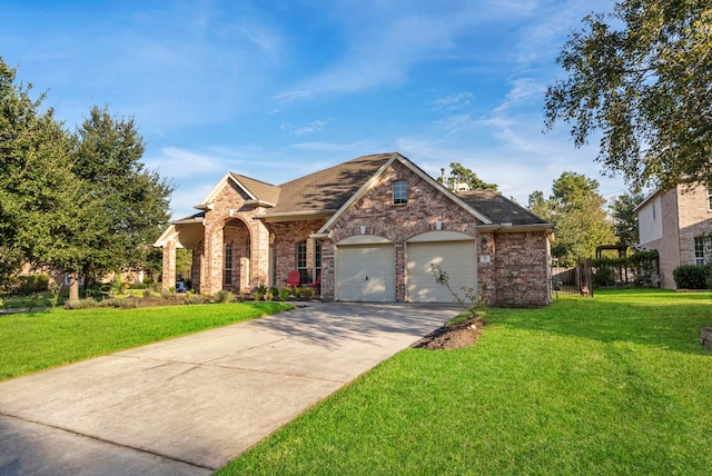 view of front of property with a garage and a front lawn