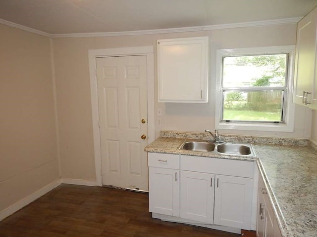 kitchen with sink, white cabinetry, dark wood-type flooring, and crown molding