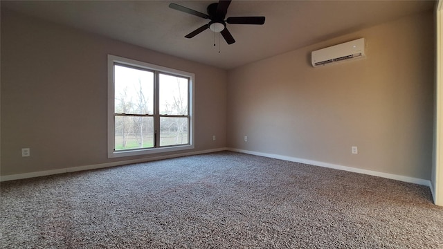 unfurnished room with a wall mounted AC, ceiling fan, and carpet