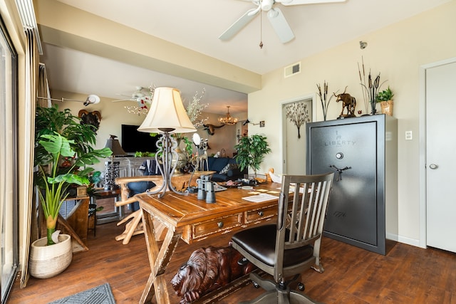 office area featuring dark wood-type flooring and ceiling fan