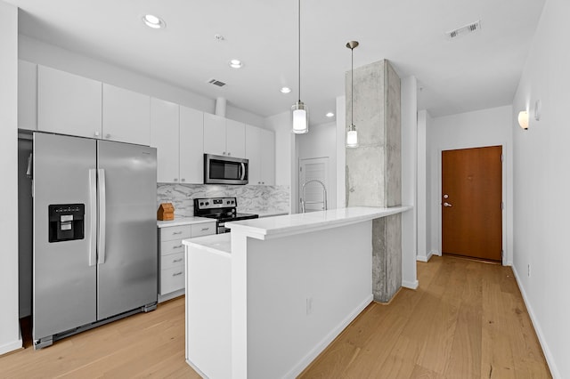 kitchen with white cabinets, light hardwood / wood-style flooring, decorative backsplash, decorative light fixtures, and stainless steel appliances