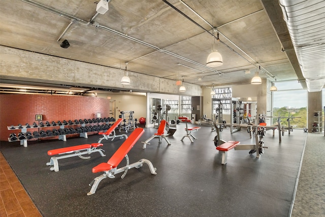 gym featuring hardwood / wood-style flooring and floor to ceiling windows