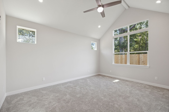 carpeted spare room featuring recessed lighting, lofted ceiling with beams, baseboards, and ceiling fan