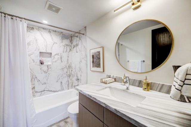 bathroom with shower / bathtub combination with curtain, visible vents, toilet, and vanity