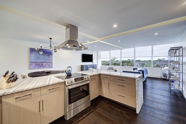kitchen featuring light stone countertops, light brown cabinets, stainless steel electric range, island exhaust hood, and dark wood-style floors