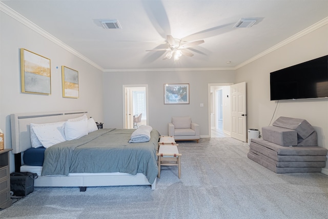 bedroom with crown molding, light carpet, and ceiling fan