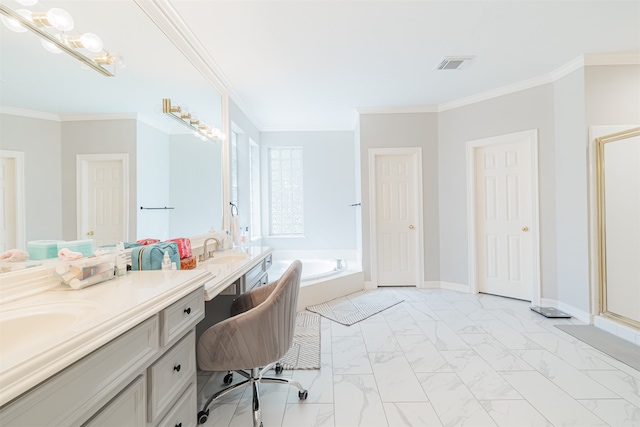 bathroom featuring ornamental molding and shower with separate bathtub