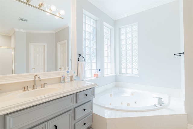 bathroom featuring vanity, crown molding, and a healthy amount of sunlight