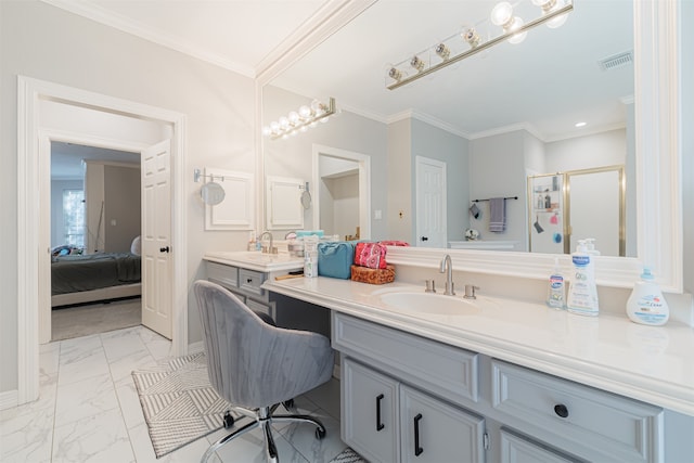 bathroom with vanity, crown molding, and walk in shower