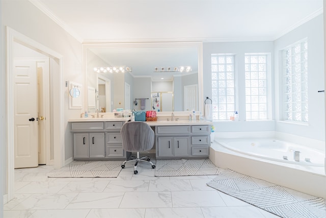 bathroom with vanity, ornamental molding, and independent shower and bath