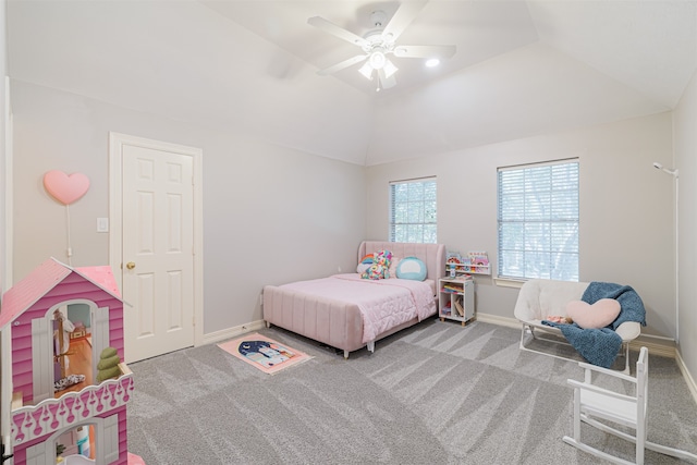 bedroom featuring lofted ceiling, carpet flooring, and ceiling fan