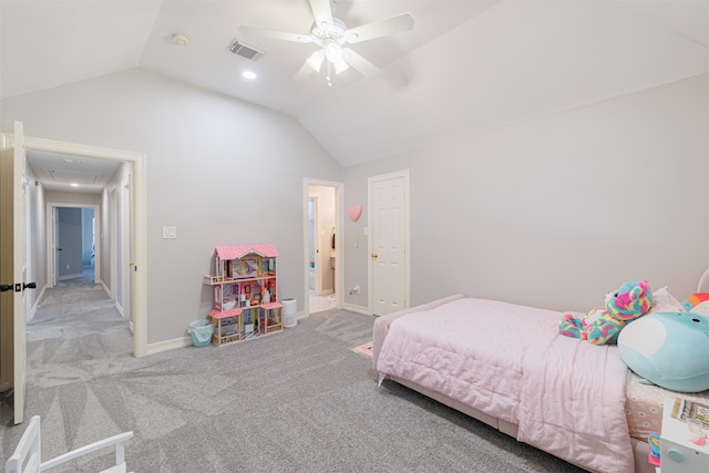 carpeted bedroom with ceiling fan and lofted ceiling