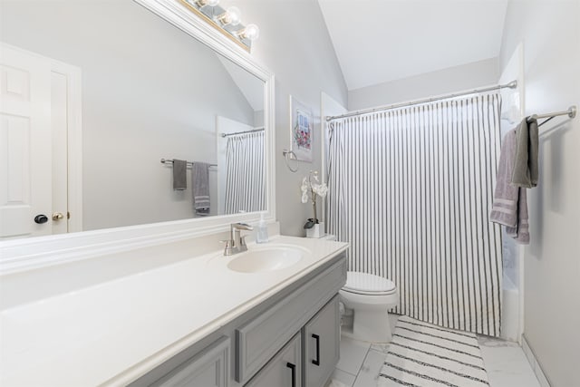 full bathroom with vanity, toilet, vaulted ceiling, and shower / bath combo