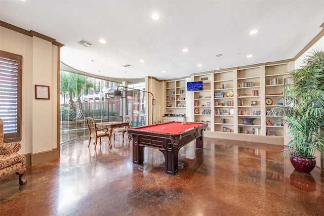 game room with crown molding, a textured ceiling, built in features, and billiards