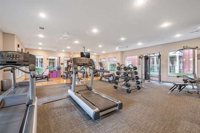 gym featuring dark colored carpet