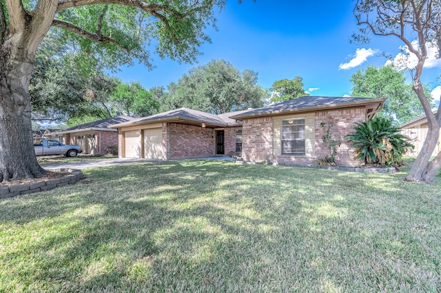 single story home with a garage and a front lawn