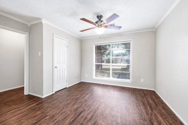 unfurnished bedroom featuring dark hardwood / wood-style flooring, ornamental molding, a textured ceiling, and ceiling fan