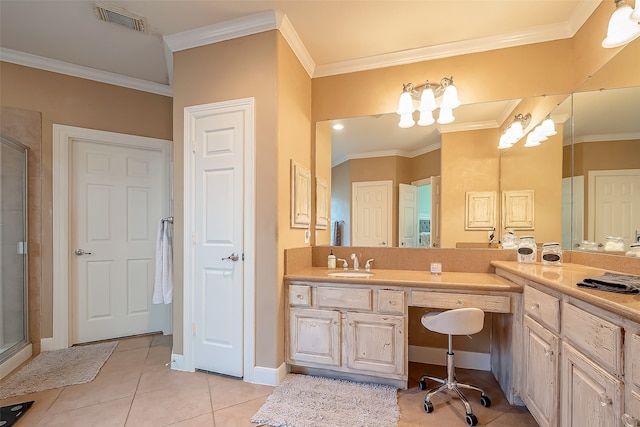 bathroom featuring tile patterned flooring, vanity, an enclosed shower, and ornamental molding