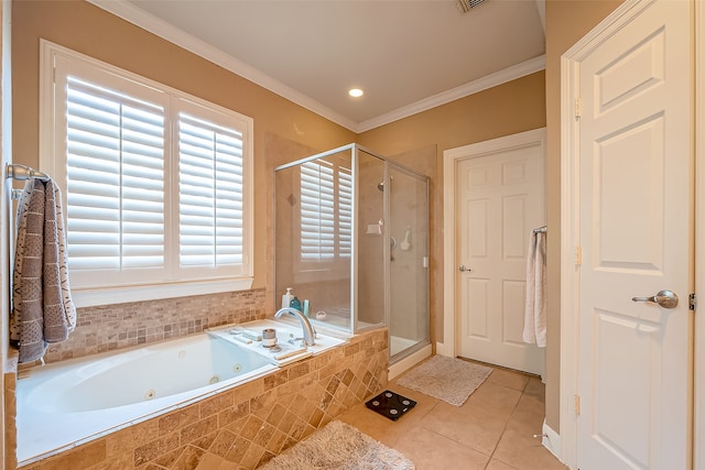 bathroom with plus walk in shower, tile patterned floors, and crown molding