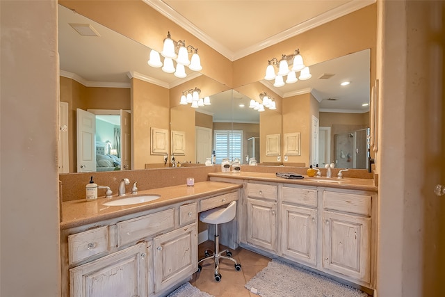 bathroom with tile patterned floors, vanity, an enclosed shower, and crown molding