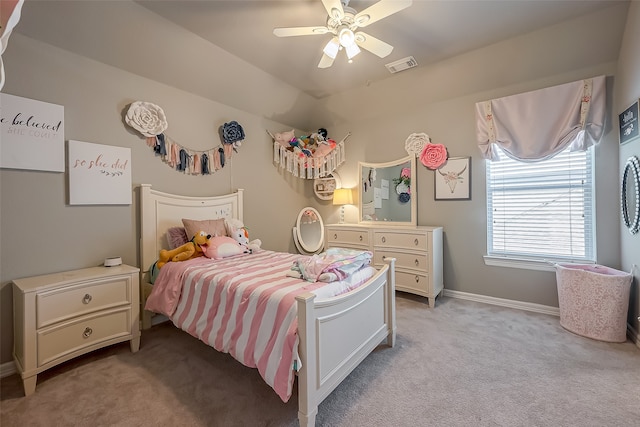 bedroom with ceiling fan and light colored carpet