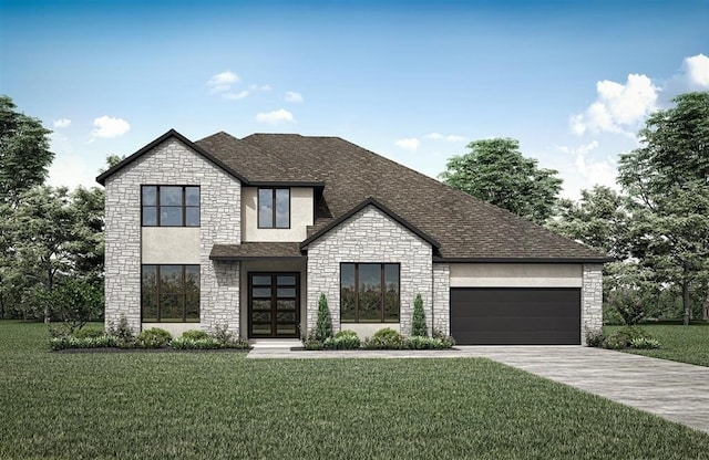 view of front of property with a garage, a shingled roof, concrete driveway, stucco siding, and a front lawn