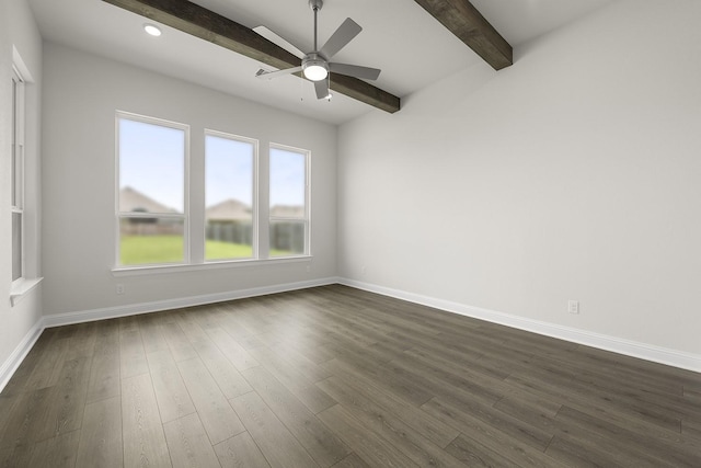 4707 Arbor Park Dr, Manvel, TX 77583 - empty room featuring beam ceiling, ceiling fan, dark wood-type flooring, and baseboards