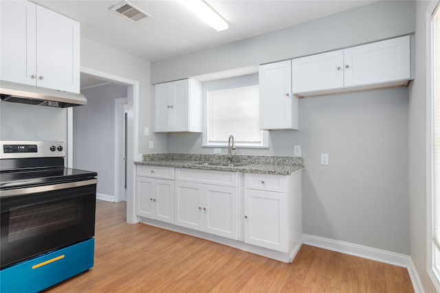 kitchen with sink, electric range, and white cabinets