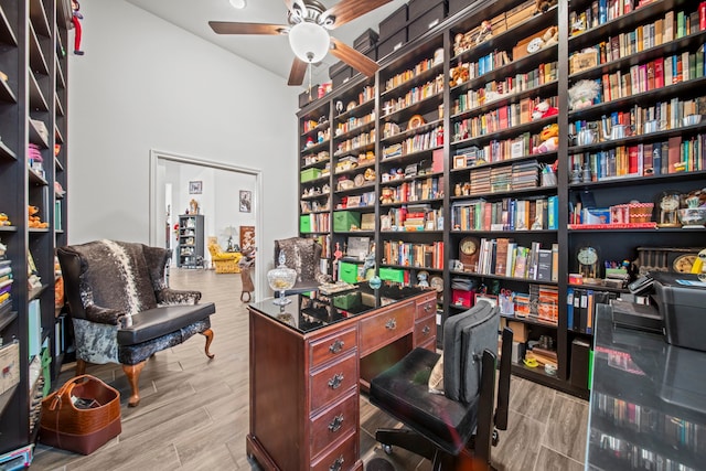 office area featuring light hardwood / wood-style floors and ceiling fan