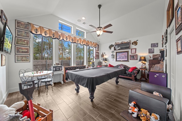 rec room with vaulted ceiling, pool table, wood-type flooring, and ceiling fan