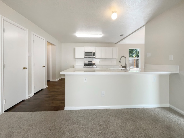 kitchen with sink, a textured ceiling, stainless steel appliances, dark carpet, and white cabinets