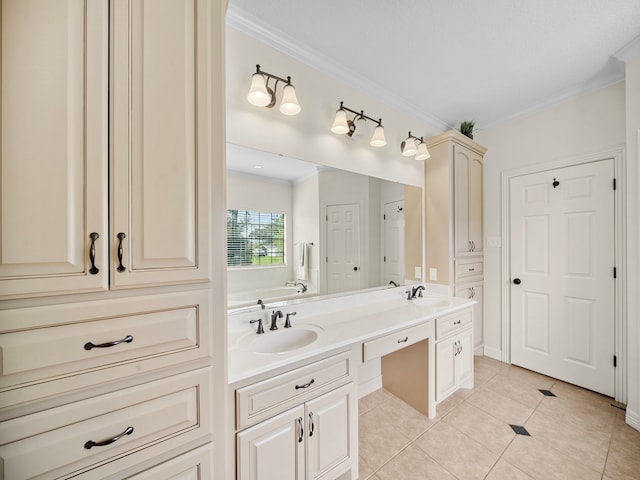 bathroom with vanity, tile patterned floors, and ornamental molding