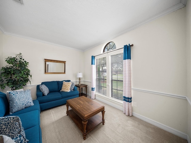 living room featuring ornamental molding and light colored carpet