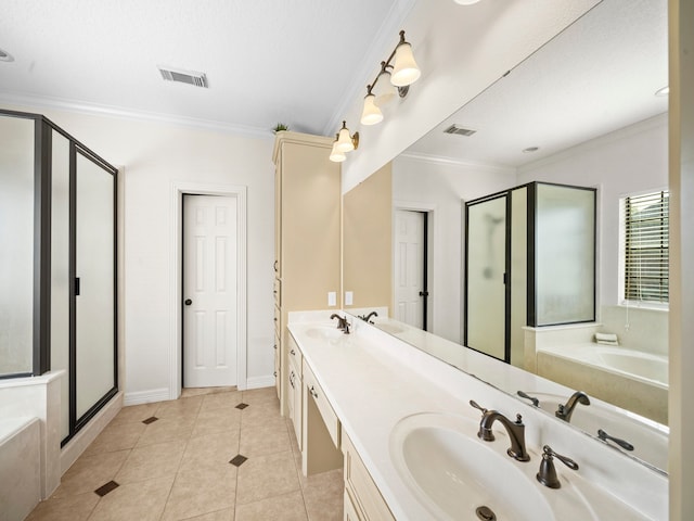 bathroom with vanity, crown molding, and plus walk in shower