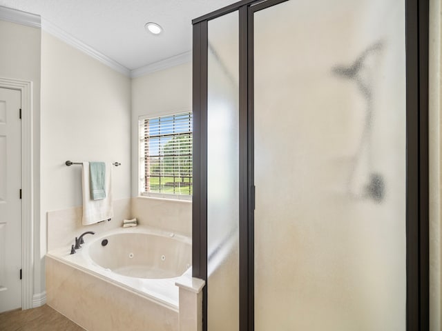 bathroom with crown molding, a textured ceiling, and a washtub