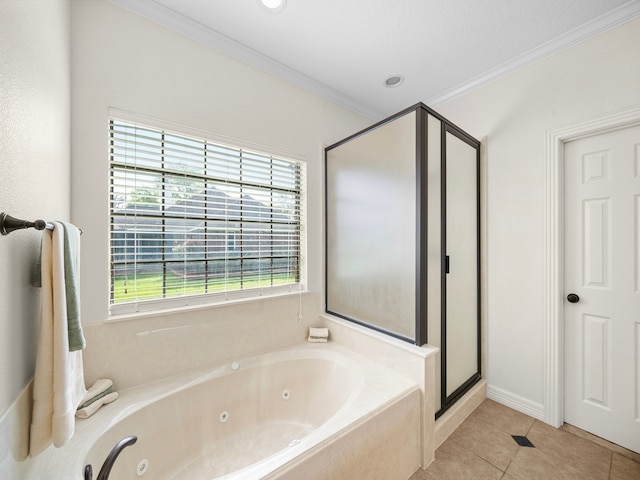 bathroom featuring tile patterned floors, crown molding, and shower with separate bathtub