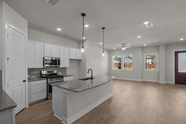 kitchen with visible vents, a sink, white cabinets, appliances with stainless steel finishes, and tasteful backsplash