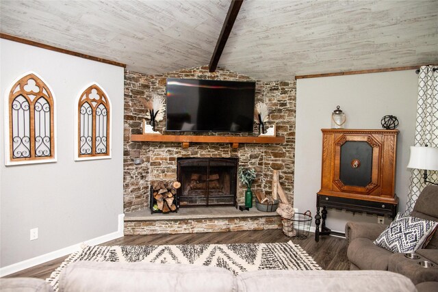 living room with lofted ceiling with beams, a stone fireplace, and hardwood / wood-style flooring