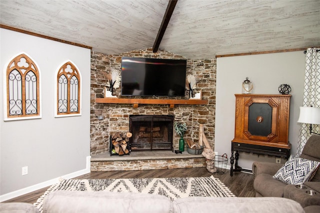 living room featuring hardwood / wood-style flooring, wooden ceiling, vaulted ceiling with beams, and a fireplace