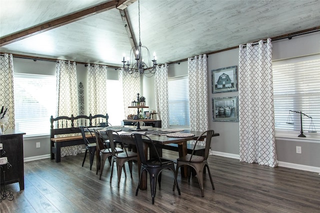 dining room featuring an inviting chandelier, dark wood-type flooring, and beamed ceiling