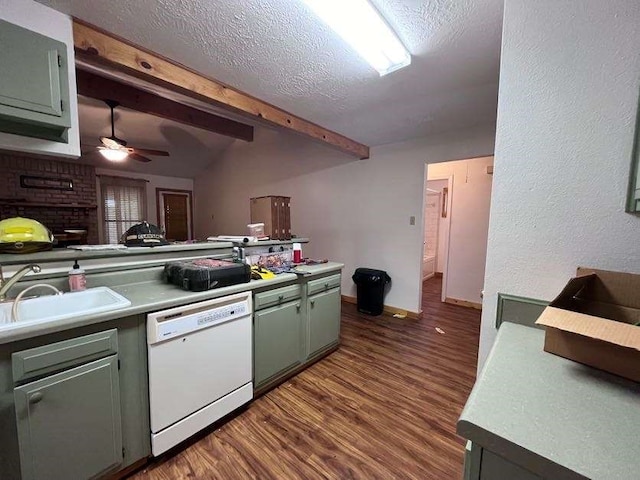 kitchen featuring ceiling fan, dark hardwood / wood-style floors, dishwasher, beamed ceiling, and sink