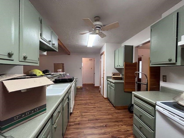 kitchen featuring a textured ceiling, dark hardwood / wood-style flooring, green cabinets, ceiling fan, and stove