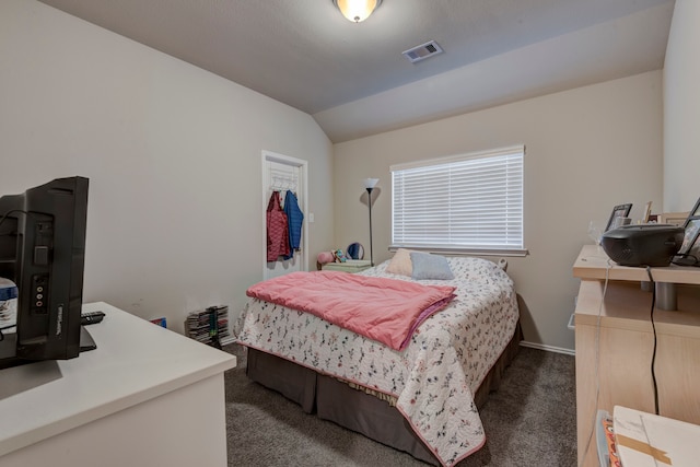 bedroom featuring lofted ceiling and dark carpet