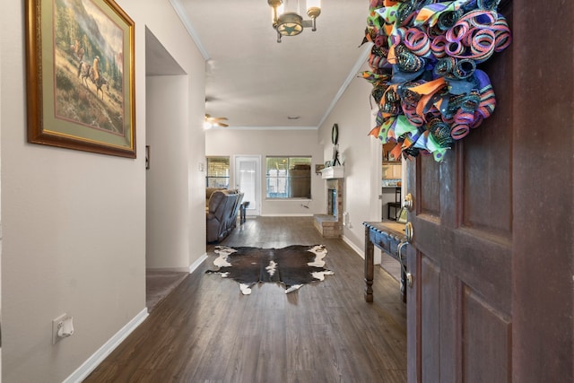 foyer entrance with ornamental molding, ceiling fan, and dark hardwood / wood-style flooring