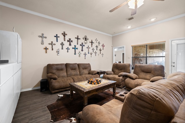 living room with ceiling fan, crown molding, and dark hardwood / wood-style floors